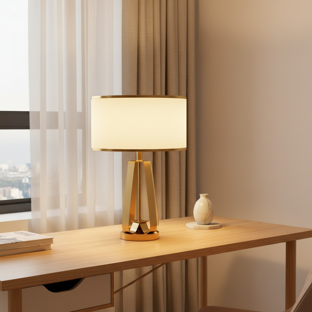 Brass Geometric Faux Silk Shade Table Lamp — In-Line Switch Bedroom