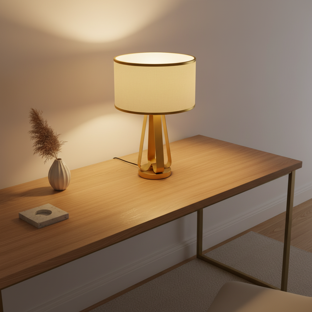 Brass Geometric Faux Silk Shade Table Lamp — In-Line Switch Bedroom