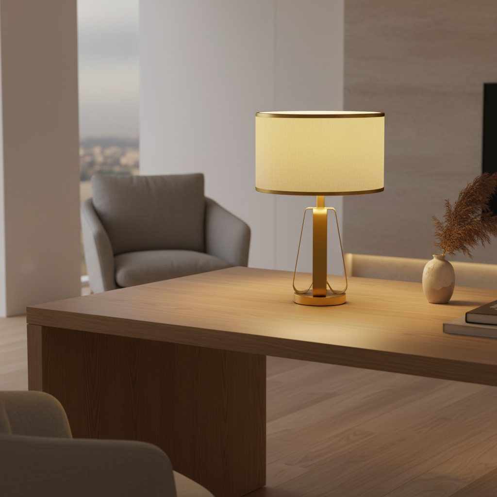 Brass Geometric Faux Silk Shade Table Lamp — In-Line Switch Bedroom