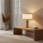 Brass Geometric Faux Silk Shade Table Lamp — In-Line Switch Bedroom