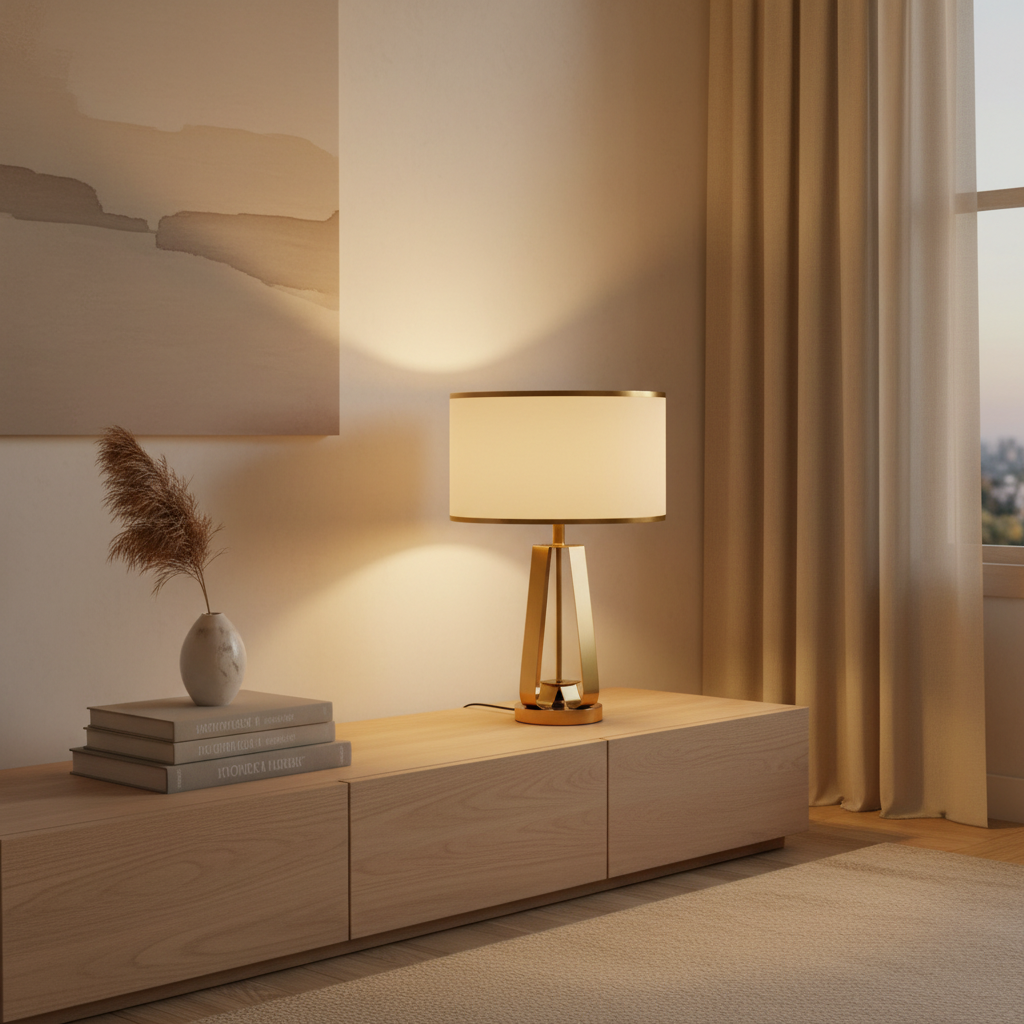 Brass Geometric Faux Silk Shade Table Lamp — In-Line Switch Bedroom