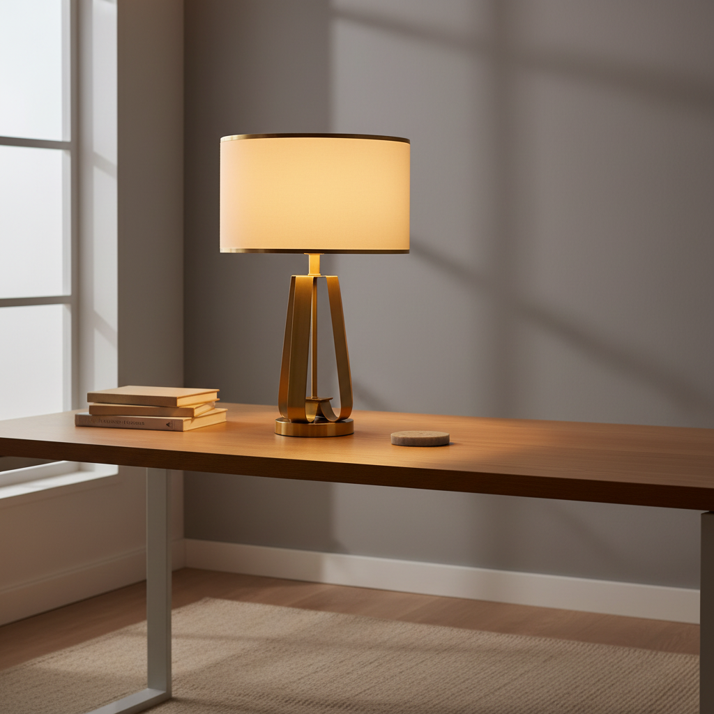 Brass Geometric Faux Silk Shade Table Lamp — In-Line Switch Bedroom
