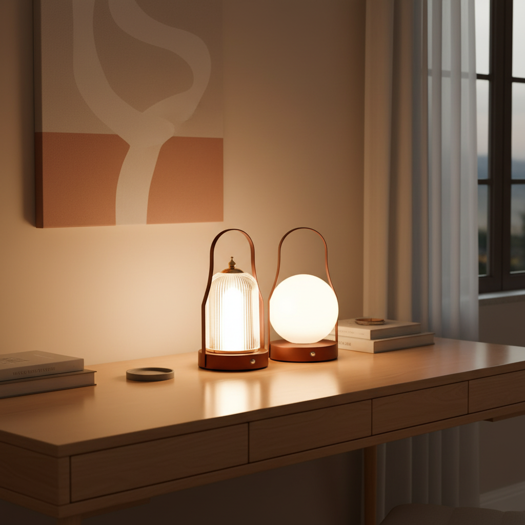 Brass Handle Moon Shape Cordless LED Bedside Table Lamp — Adjustable