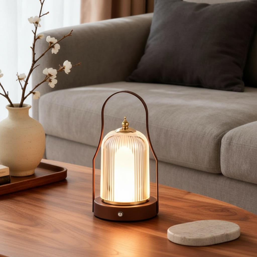 Brass Handle Moon Shape Cordless LED Bedside Table Lamp — Adjustable