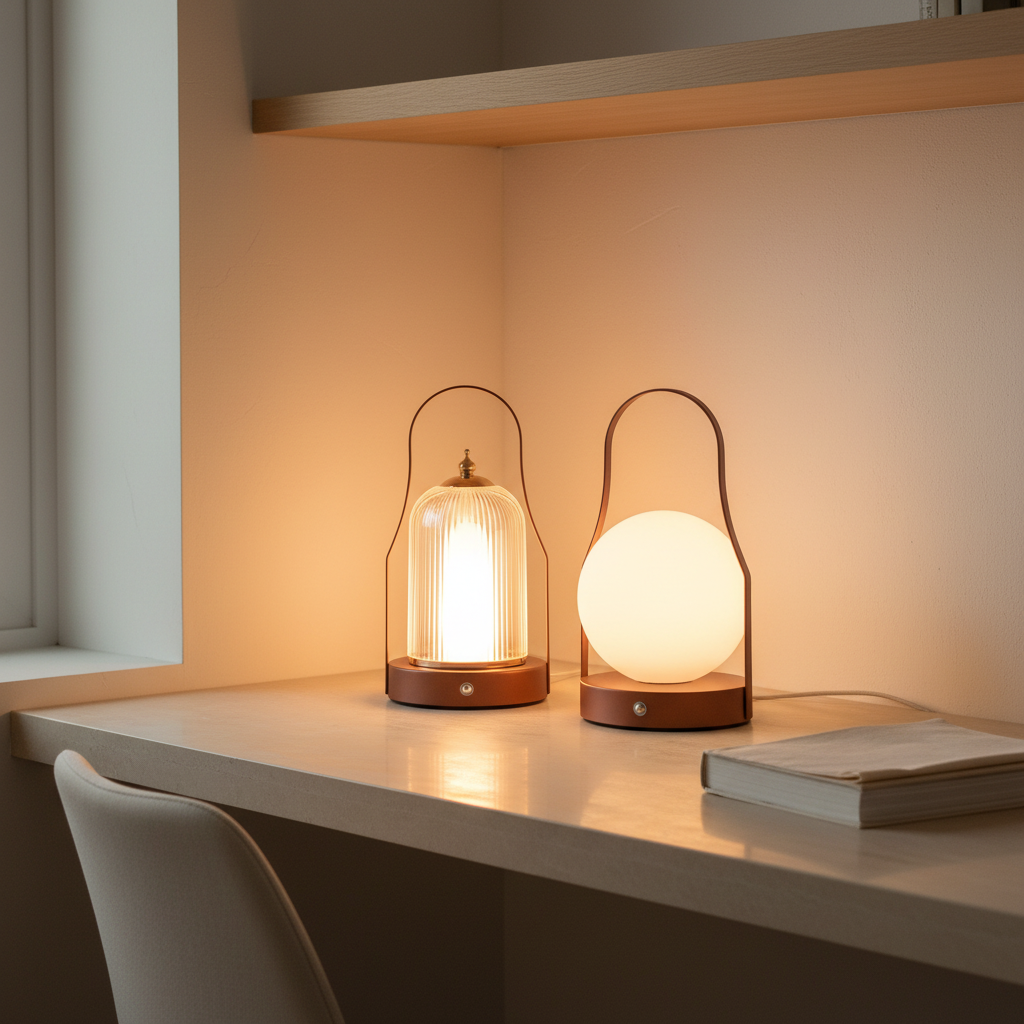 Brass Handle Moon Shape Cordless LED Bedside Table Lamp — Adjustable