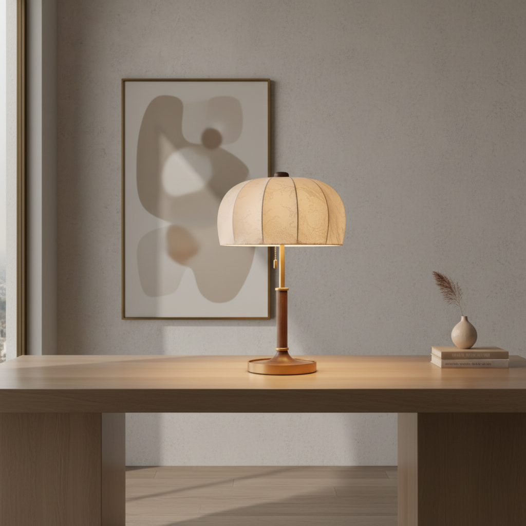 Bronze Brass Dome E14 Fabric Shade Pull Chain Vintage Bedside Table Lamp