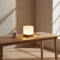 Burlywood Wood Base Cordless LED Table Lamp — Milky Glass Shade Accent