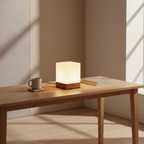 Burlywood Wood Base Cordless LED Table Lamp — Milky Glass Shade Accent