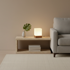 Burlywood Wood Base Cordless LED Table Lamp — Milky Glass Shade Accent