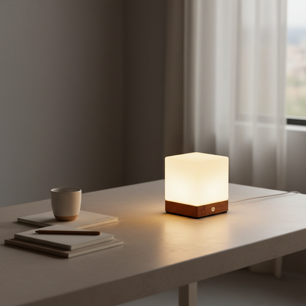Burlywood Wood Base Cordless LED Table Lamp — Milky Glass Shade Accent