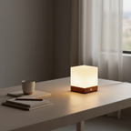 Burlywood Wood Base Cordless LED Table Lamp — Milky Glass Shade Accent
