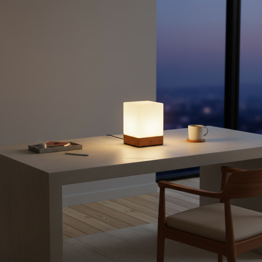 Burlywood Wood Base Cordless LED Table Lamp — Milky Glass Shade Accent