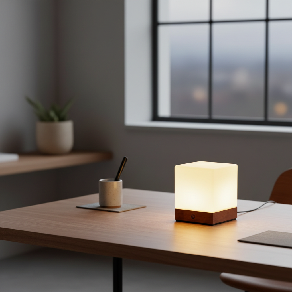 Burlywood Wood Base Cordless LED Table Lamp — Milky Glass Shade Accent