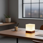 Burlywood Wood Base Cordless LED Table Lamp — Milky Glass Shade Accent