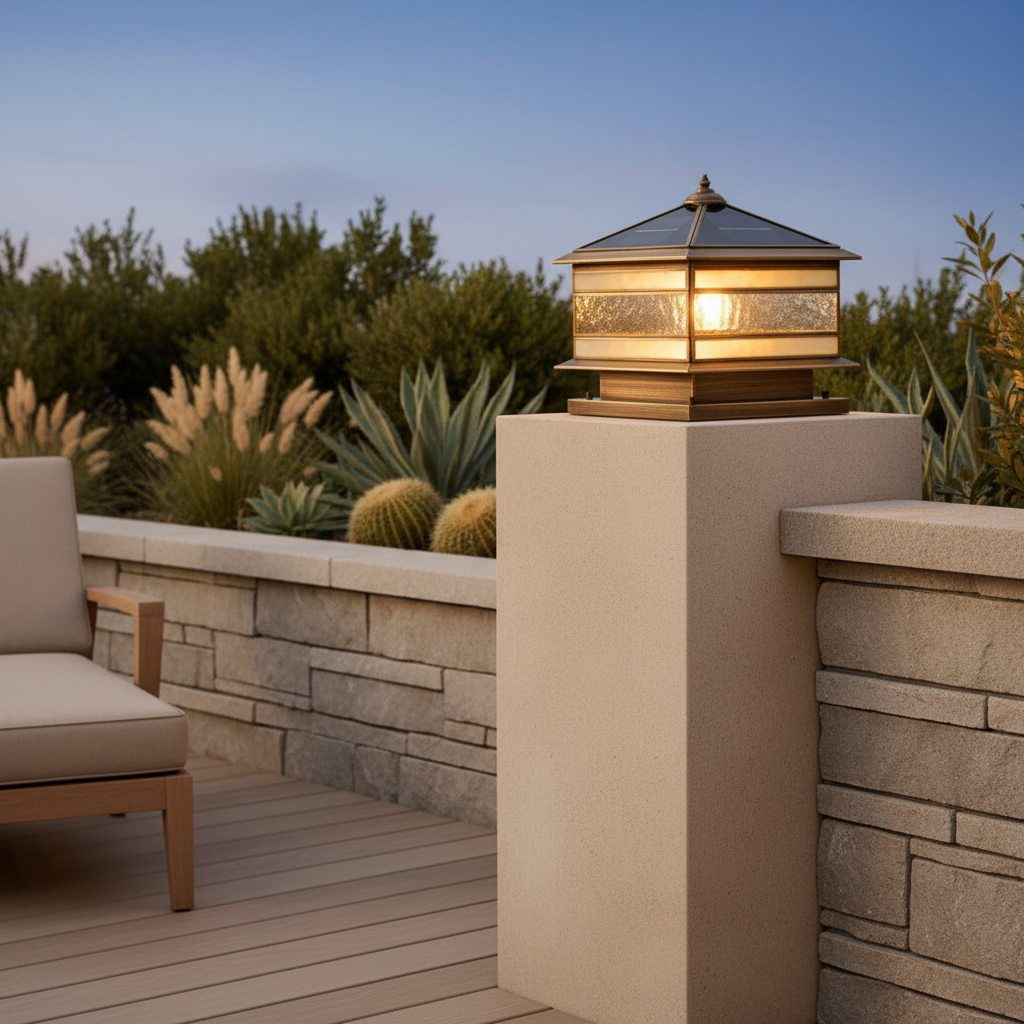 Copper Retro Solar Garden Pillar Light — Waterproof Fence Post Lamp
