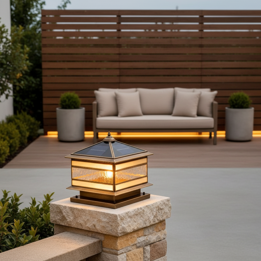 Copper Retro Solar Garden Pillar Light — Waterproof Fence Post Lamp