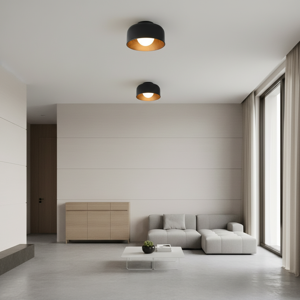 Faux Wood Grain E27 Glass Shade LED Flush Mount Ceiling Light — Modern