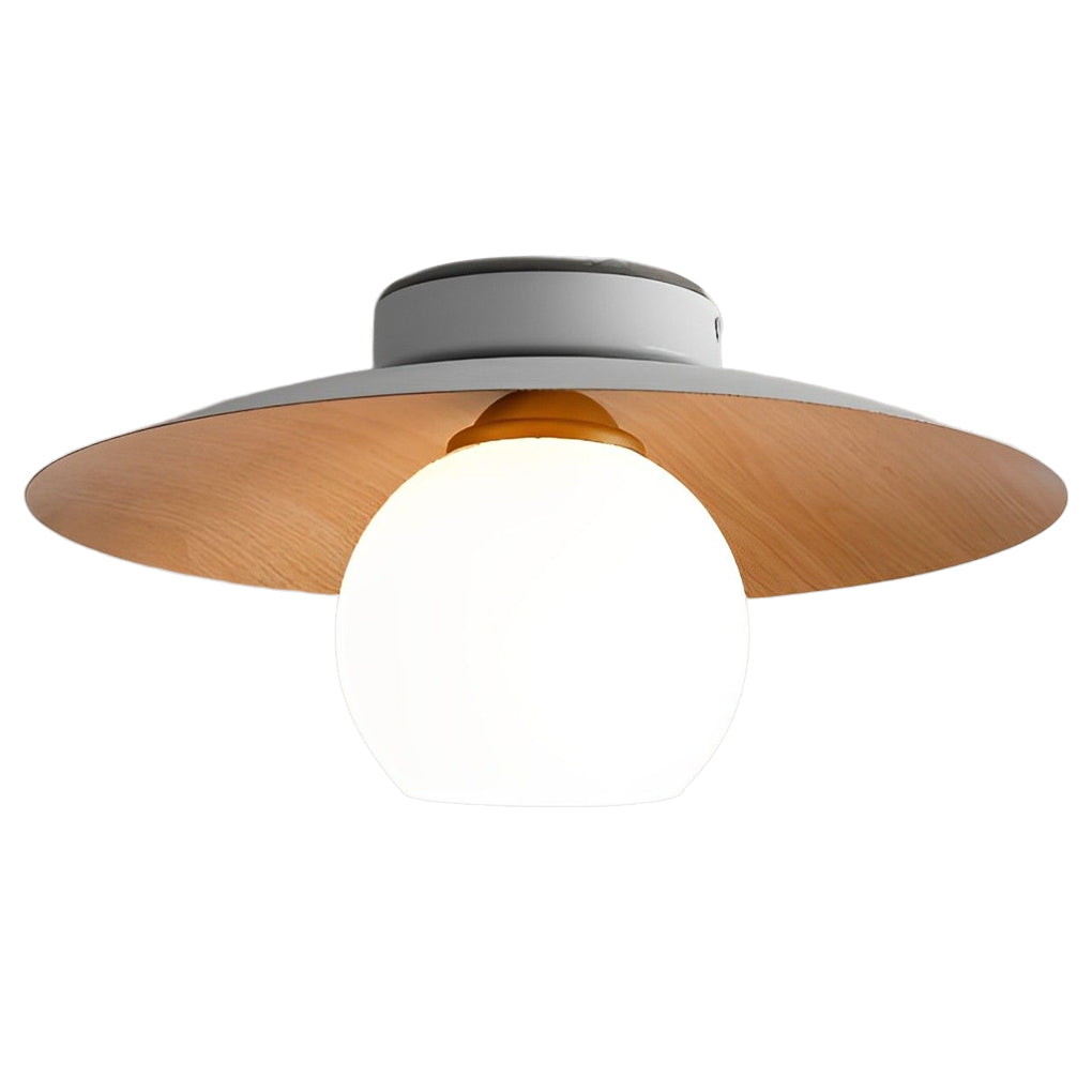 Faux Wood Grain E27 Glass Shade LED Flush Mount Ceiling Light — Modern