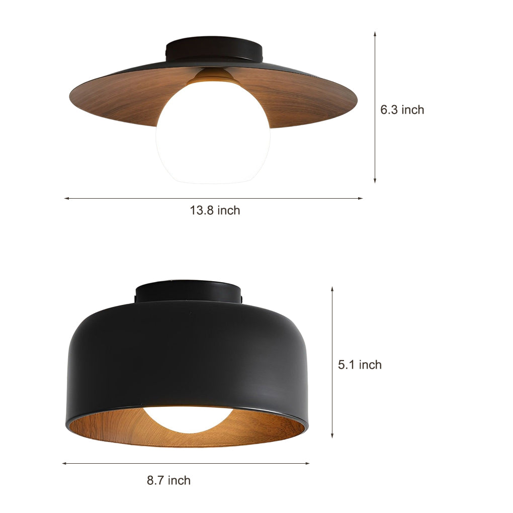 Faux Wood Grain E27 Glass Shade LED Flush Mount Ceiling Light — Modern