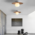 Faux Wood Grain E27 Glass Shade LED Flush Mount Ceiling Light — Modern