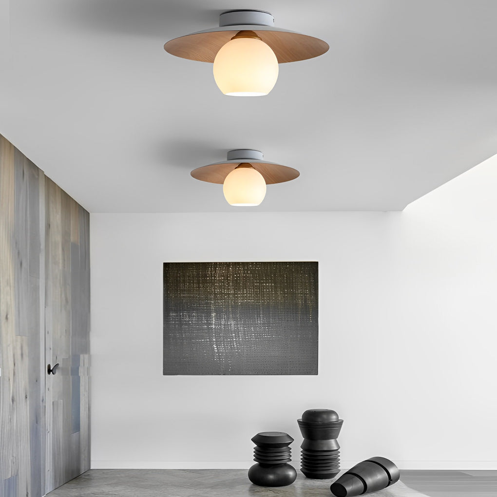 Faux Wood Grain E27 Glass Shade LED Flush Mount Ceiling Light — Modern