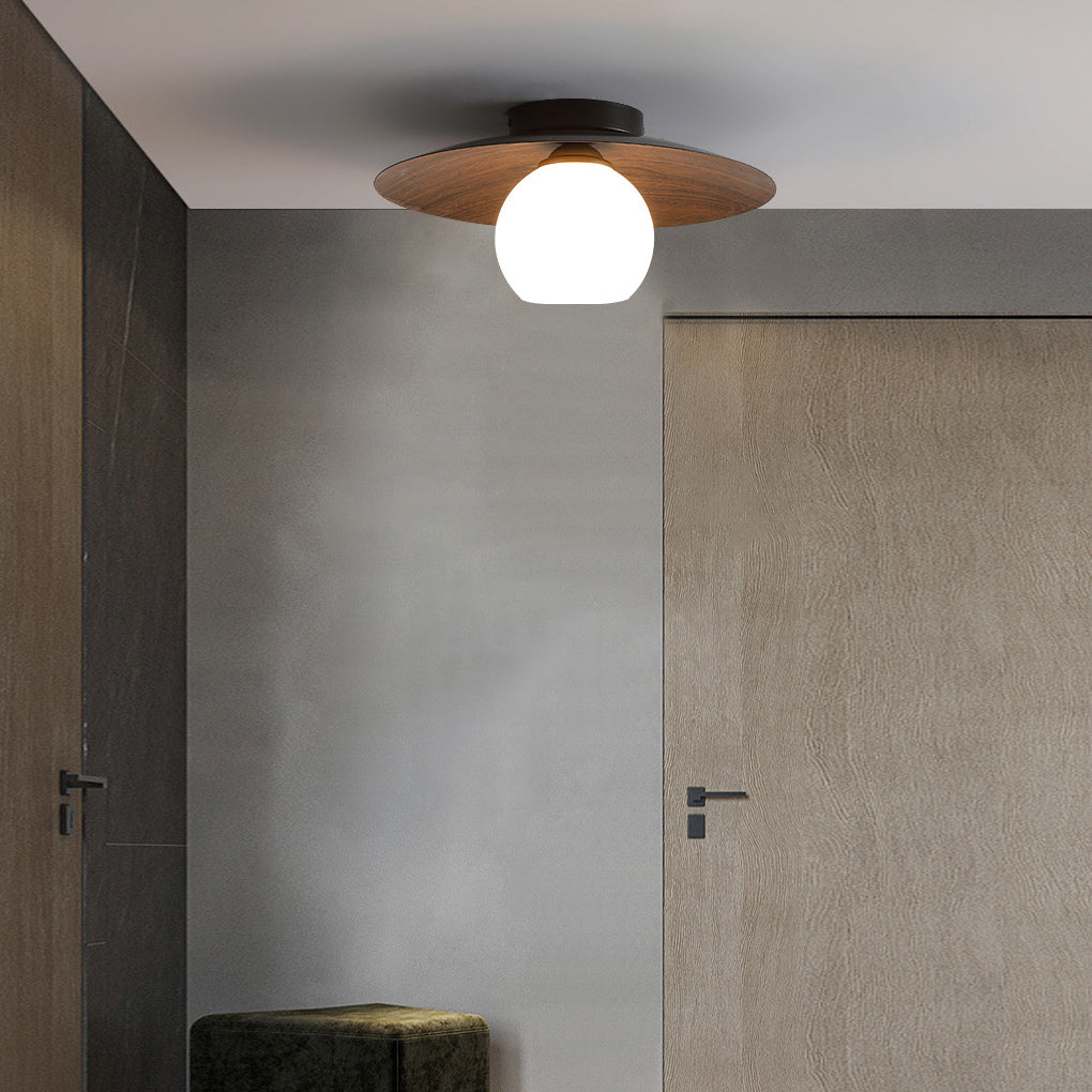 Faux Wood Grain E27 Glass Shade LED Flush Mount Ceiling Light — Modern
