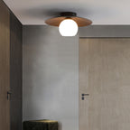Faux Wood Grain E27 Glass Shade LED Flush Mount Ceiling Light — Modern