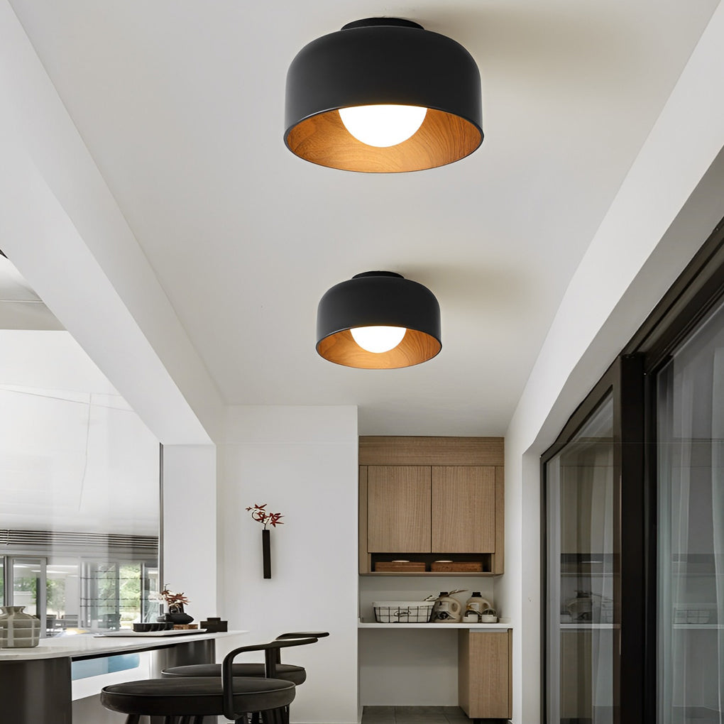 Faux Wood Grain E27 Glass Shade LED Flush Mount Ceiling Light — Modern