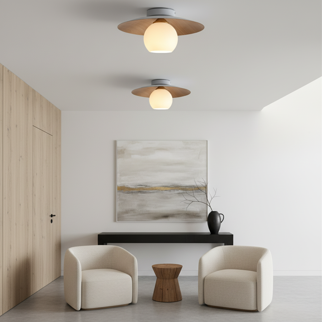 Faux Wood Grain E27 Glass Shade LED Flush Mount Ceiling Light — Modern