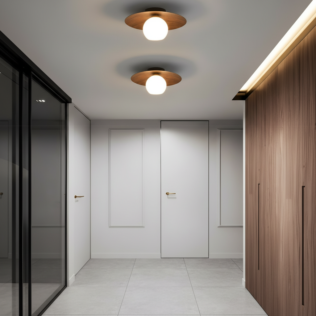 Faux Wood Grain E27 Glass Shade LED Flush Mount Ceiling Light — Modern