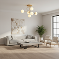 Gold 6-Light Cognac Glass Curved Arm Semi-Flush Chandelier — Bedroom