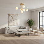 Gold 6-Light Cognac Glass Curved Arm Semi-Flush Chandelier — Bedroom
