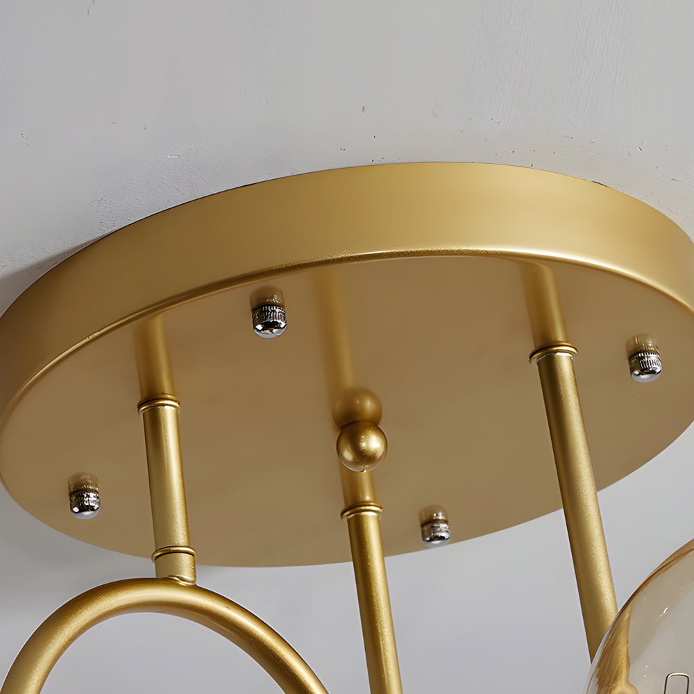 Gold 6-Light Cognac Glass Curved Arm Semi-Flush Chandelier — Bedroom