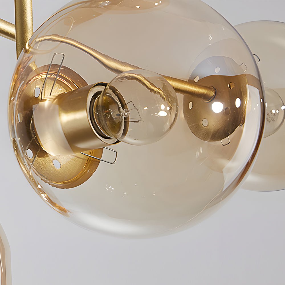 Gold 6-Light Cognac Glass Curved Arm Semi-Flush Chandelier — Bedroom