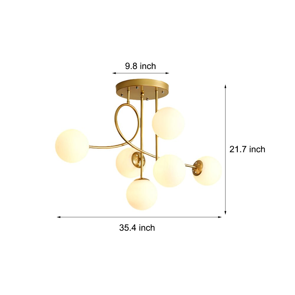Gold 6-Light Cognac Glass Curved Arm Semi-Flush Chandelier — Bedroom