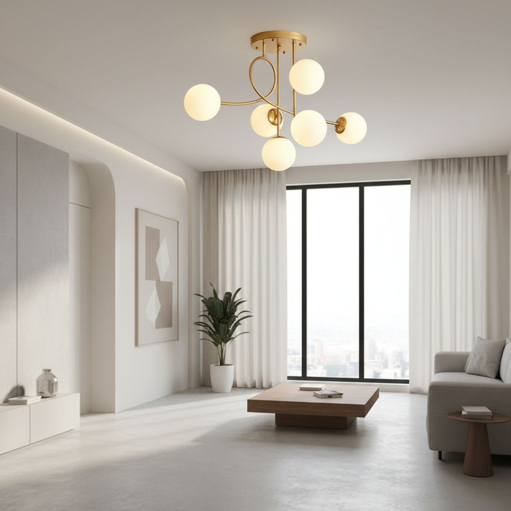 Gold 6-Light Cognac Glass Curved Arm Semi-Flush Chandelier — Bedroom