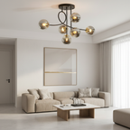 Gold 6-Light Cognac Glass Curved Arm Semi-Flush Chandelier — Bedroom