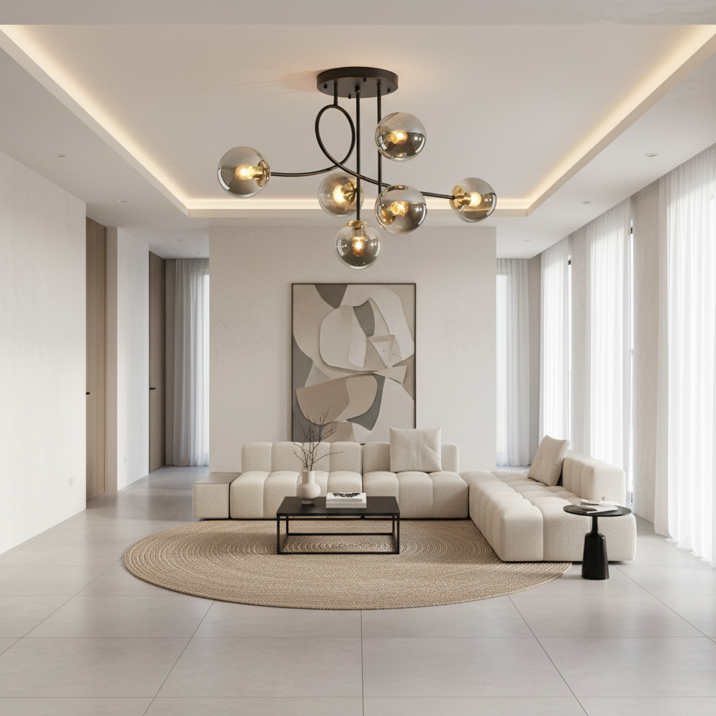 Gold 6-Light Cognac Glass Curved Arm Semi-Flush Chandelier — Bedroom