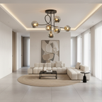 Gold 6-Light Cognac Glass Curved Arm Semi-Flush Chandelier — Bedroom