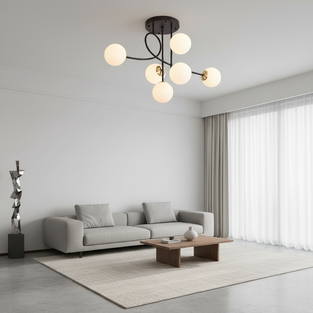 Gold 6-Light Cognac Glass Curved Arm Semi-Flush Chandelier — Bedroom