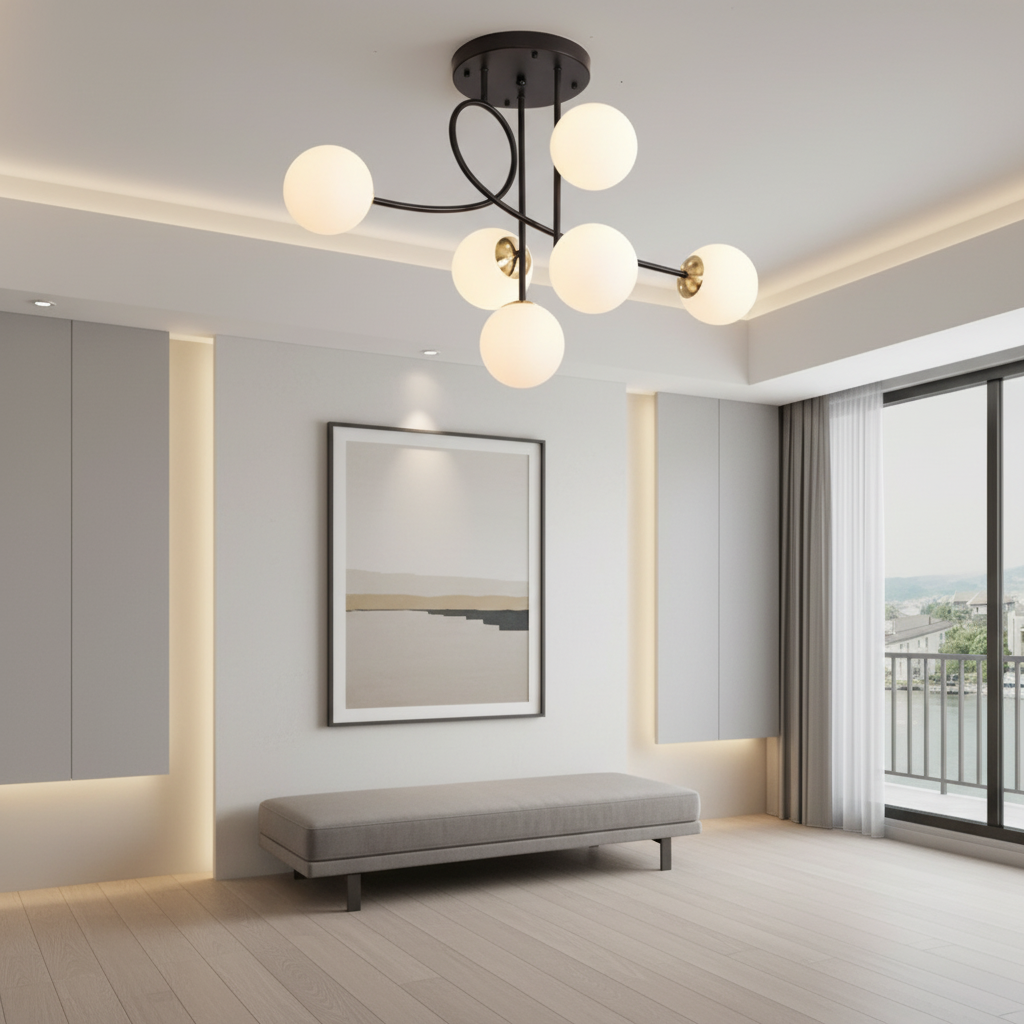 Gold 6-Light Cognac Glass Curved Arm Semi-Flush Chandelier — Bedroom