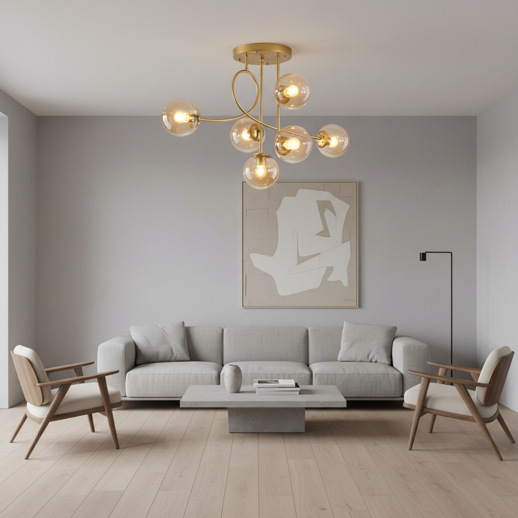 Gold 6-Light Cognac Glass Curved Arm Semi-Flush Chandelier — Bedroom
