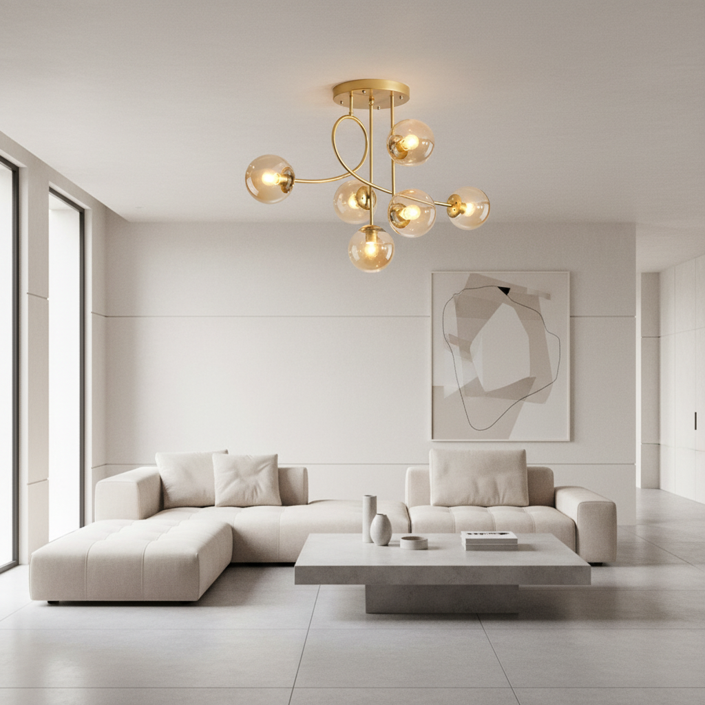 Gold 6-Light Cognac Glass Curved Arm Semi-Flush Chandelier — Bedroom