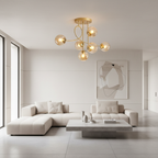 Gold 6-Light Cognac Glass Curved Arm Semi-Flush Chandelier — Bedroom