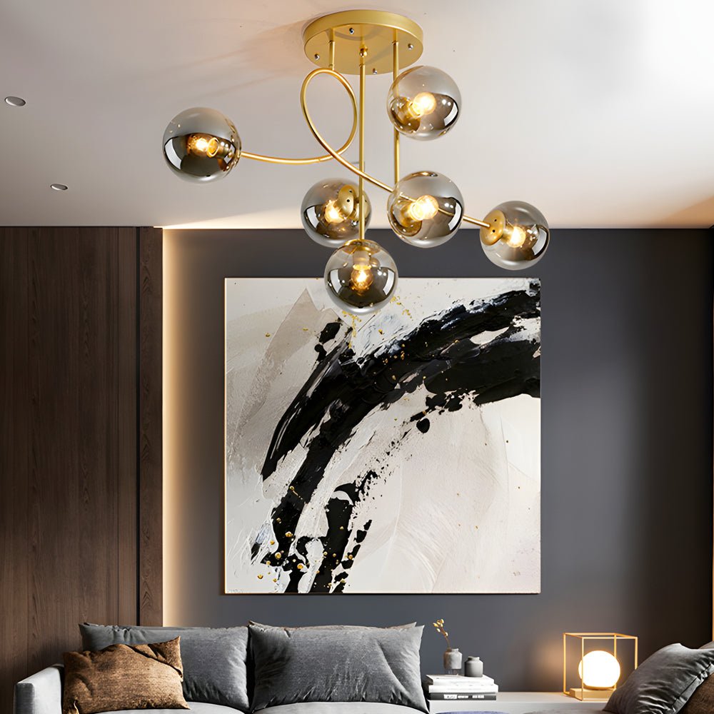 Gold 6-Light Cognac Glass Curved Arm Semi-Flush Chandelier — Bedroom