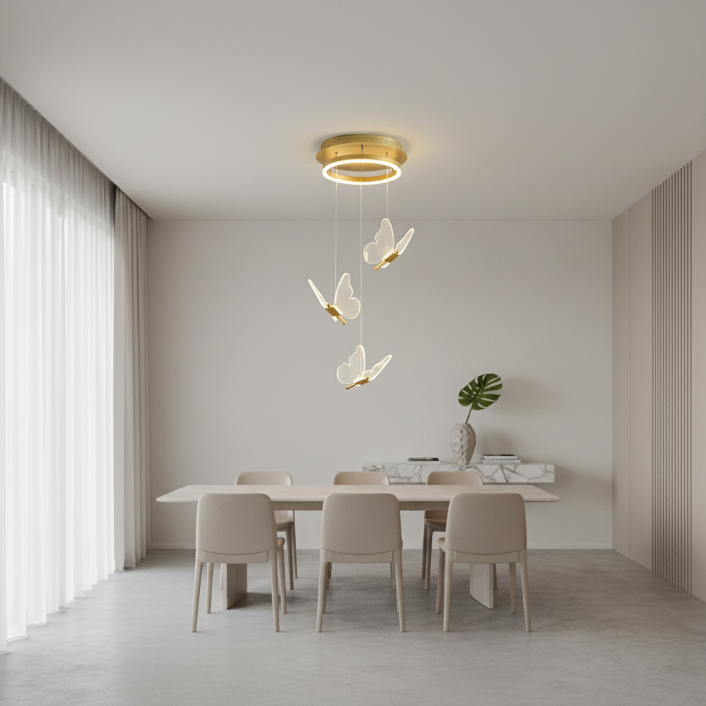 Gold Acrylic Butterfly 3-Light Chandelier — Warm White Dimmable Modern