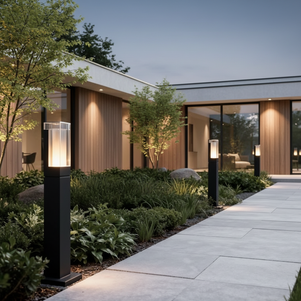 Grey Aluminium Square LED Outdoor Bollard Light — Minimalist Modern