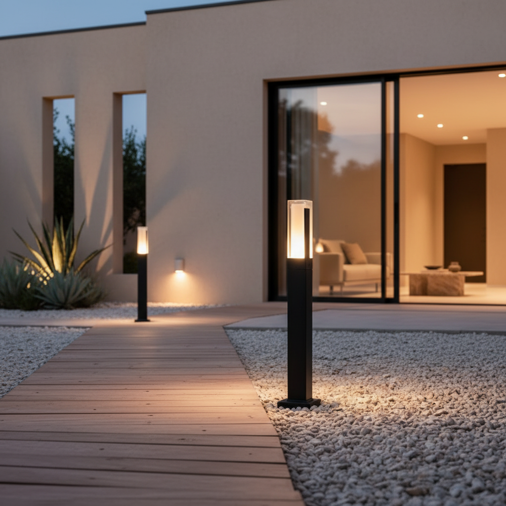 Grey Aluminium Square LED Outdoor Bollard Light — Minimalist Modern