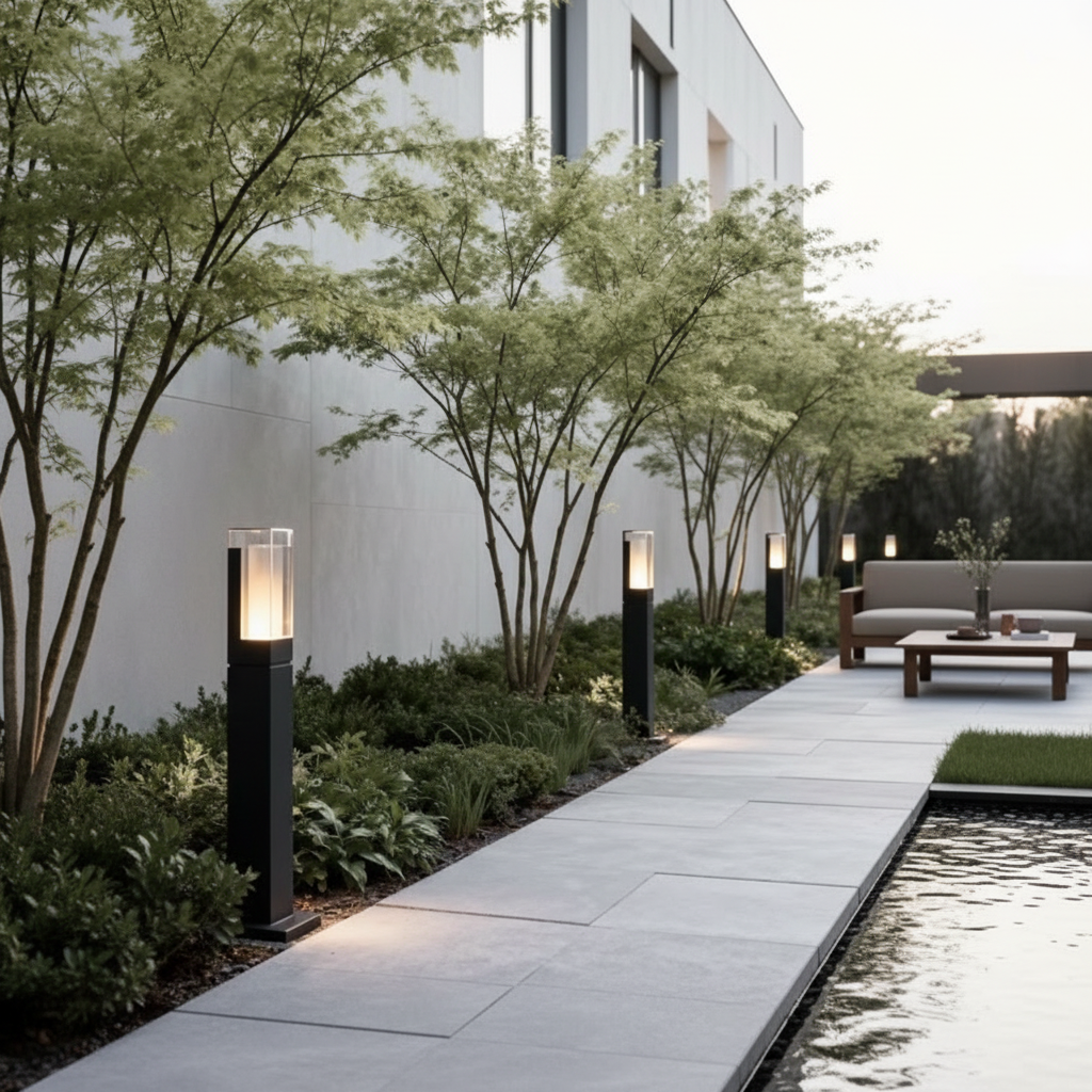 Grey Aluminium Square LED Outdoor Bollard Light — Minimalist Modern