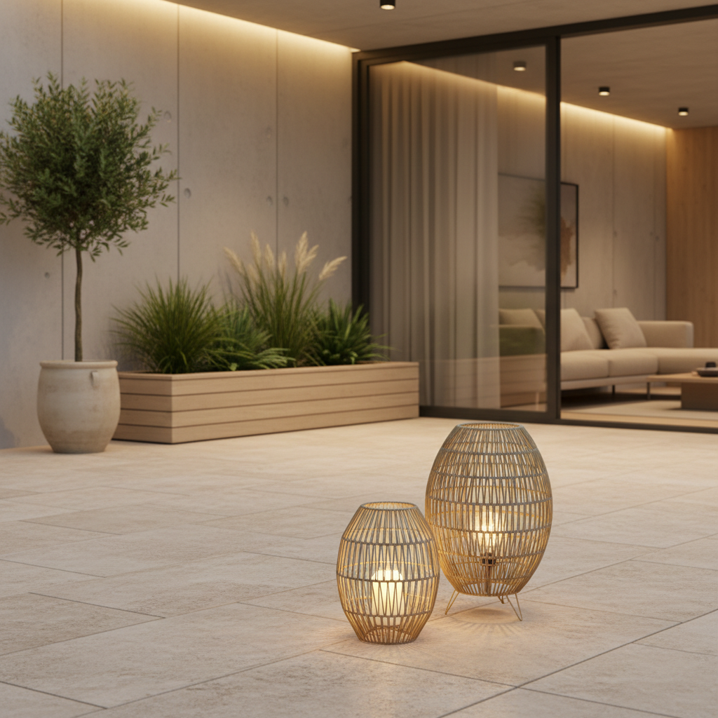 Handmade Rattan Waterproof Outdoor Floor Lamp — Patio Balcony Modern LED
